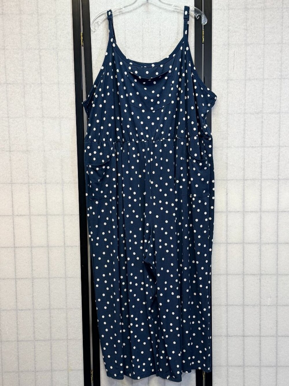 LuLaRoe Leola Cami Strap Wide Leg Jumpsuit Romper Overalls 3XL Navy White Dot